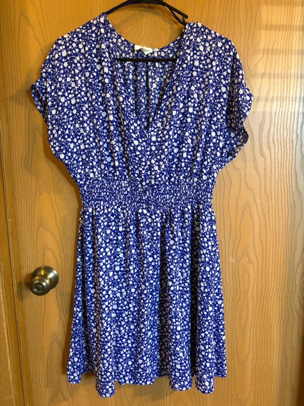 Sienna Sky Women’s Blue Floral V-Neck Smocked Waist Dress Large